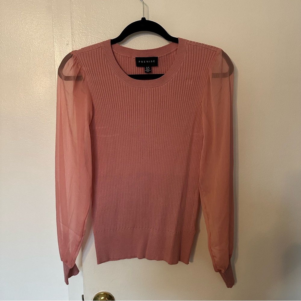 Premise Pink Fitted Ribbed Long Sleeve Blouse